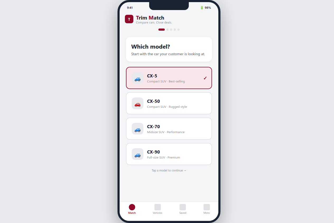 Model picker — choose the car on the lot